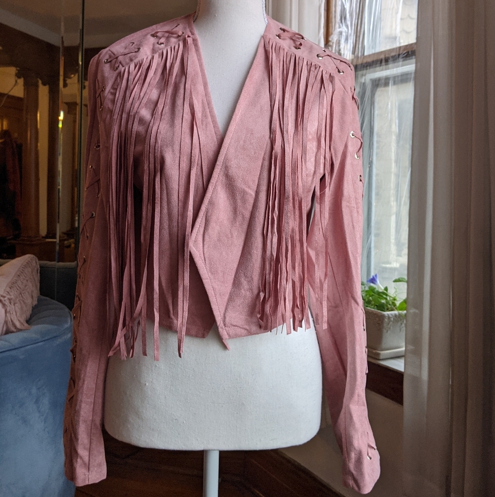 Blush Rose Pink Fringe Faux Leather Jacket